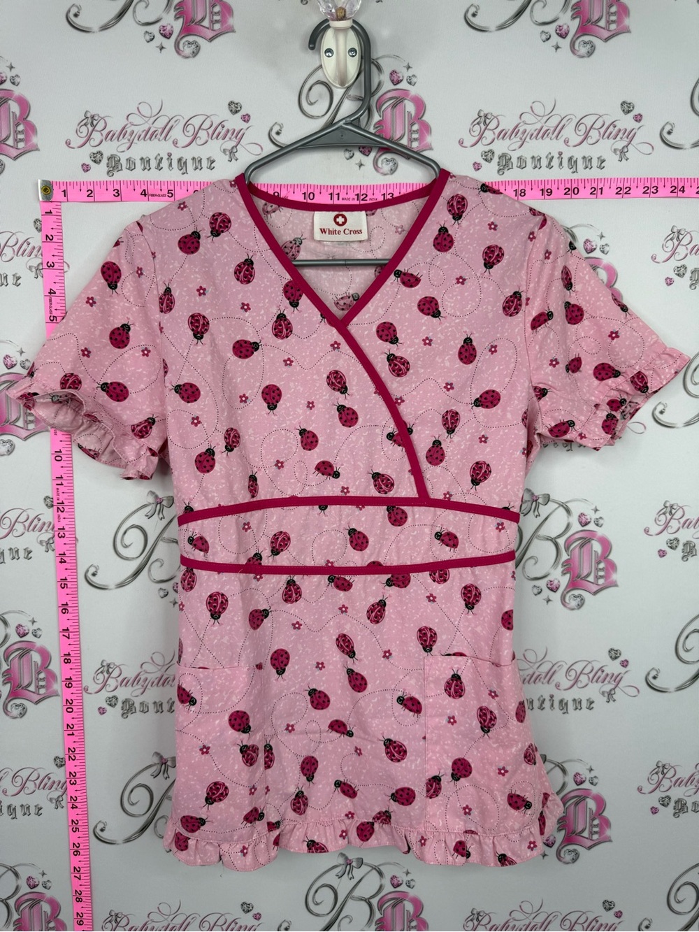 White Cross scrubs top Pink Ladybug Print Wrap-Style Scrub Top
